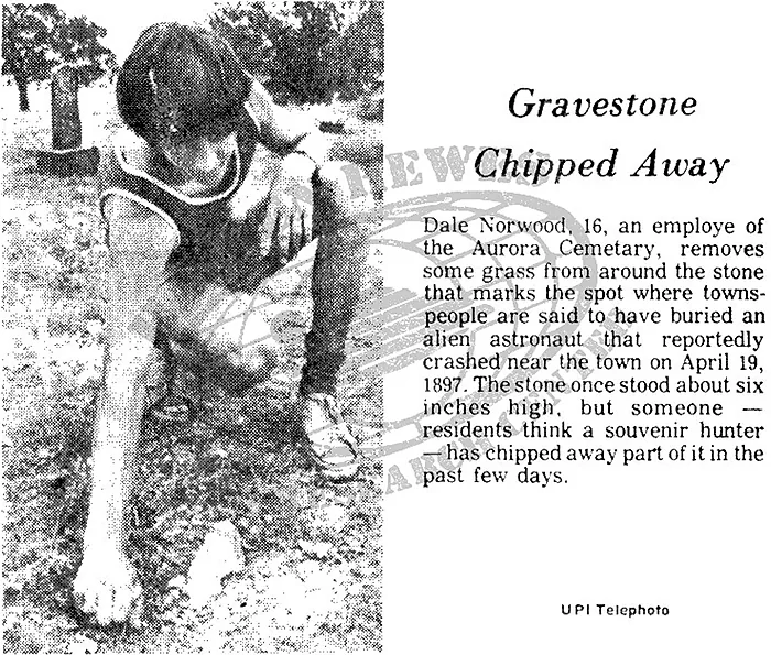 Historical clipping about damage to the Aurora cemetery marker